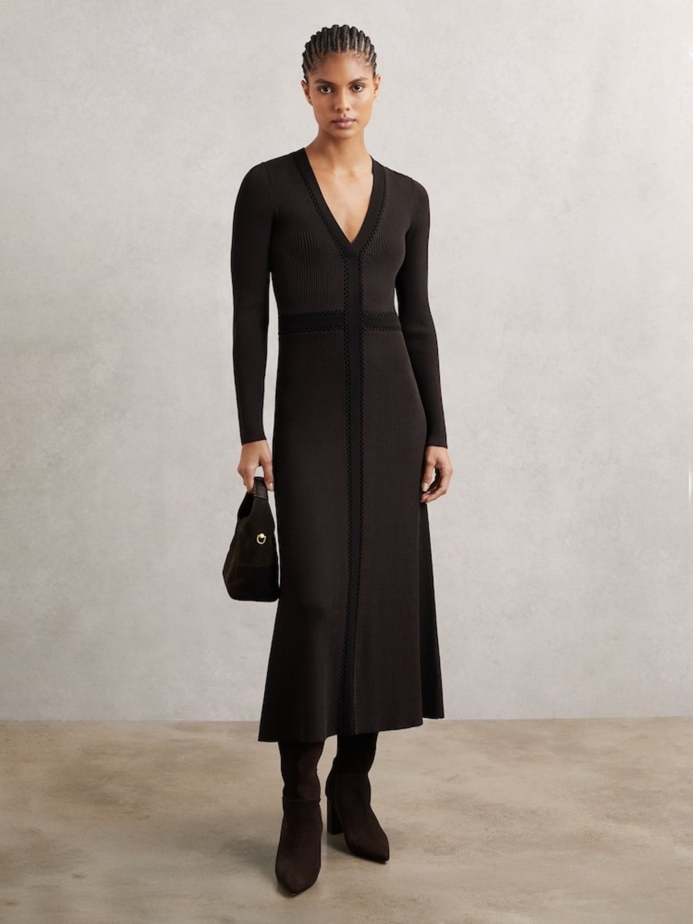 Reiss Chocolate Brown/Black Laura Knitted Dress, Size X-Small, $438